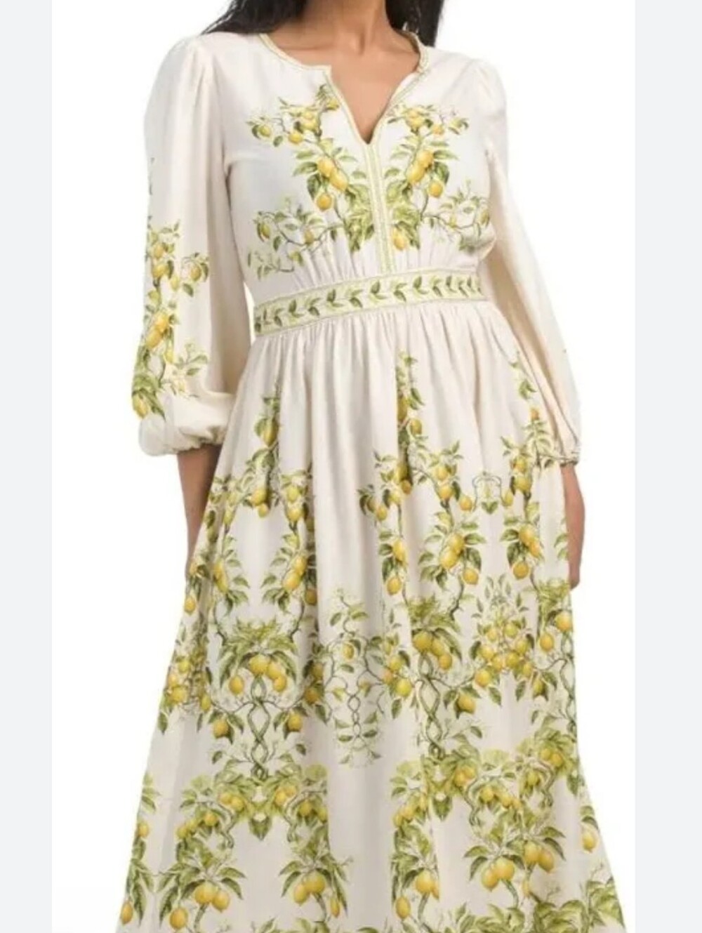 MAX STUDIO Cream Linen Maxi Dress with Lemon Print Sz L Nwt